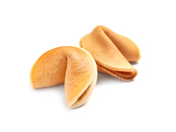 Photo of Traditional homemade fortune cookies on white background