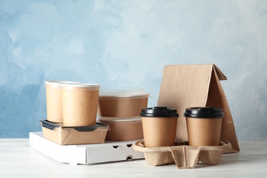 Various takeout containers on table. Food delivery service