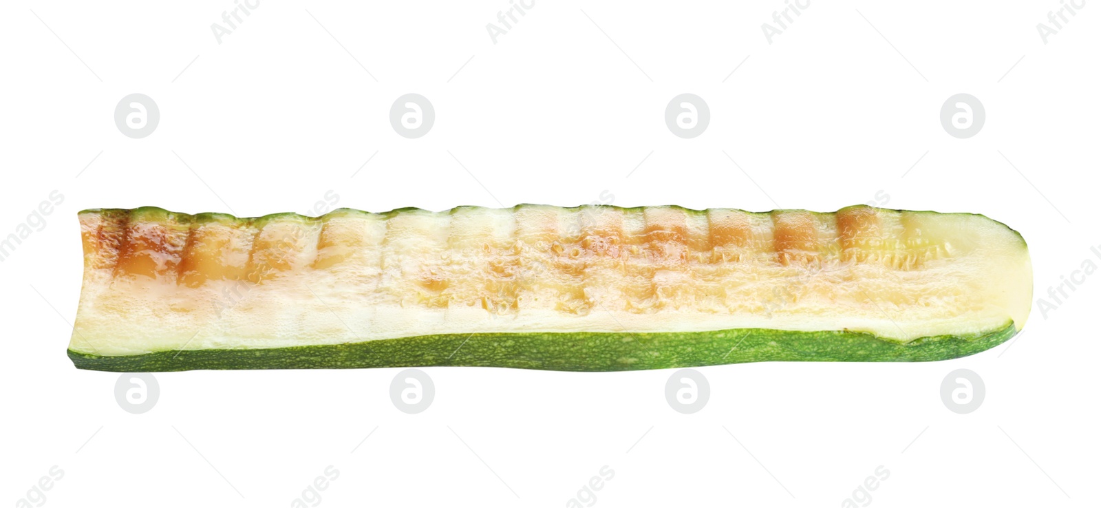 Photo of Delicious piece of grilled zucchini on white background