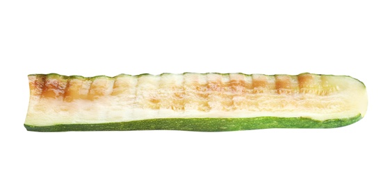 Photo of Delicious piece of grilled zucchini on white background