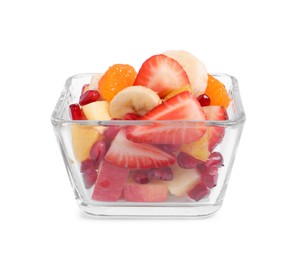 Photo of Delicious fresh fruit salad in glass bowl on white background