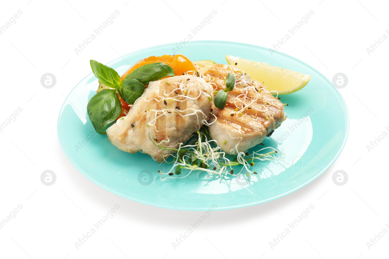 Photo of Plate with tasty grilled fish isolated on white