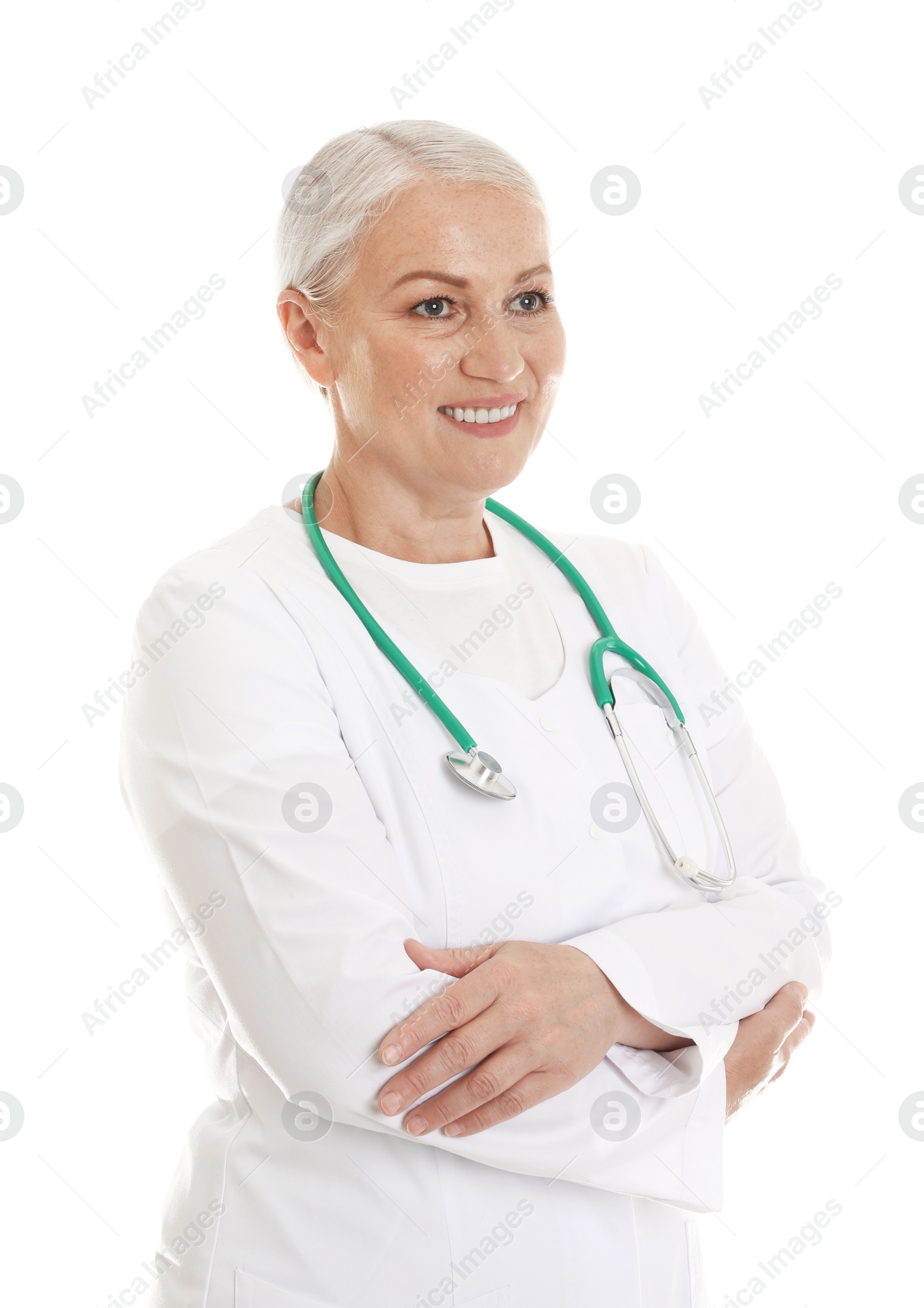 Photo of Portrait of female doctor isolated on white. Medical staff