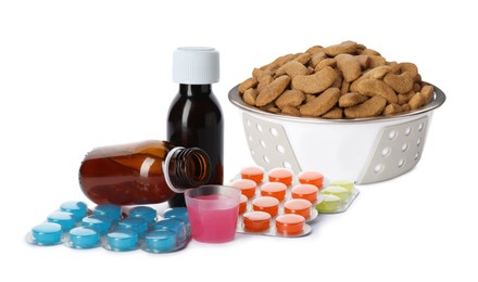 Image of Dry pet food in feeding bowl, syrup and vitamin pills on white background