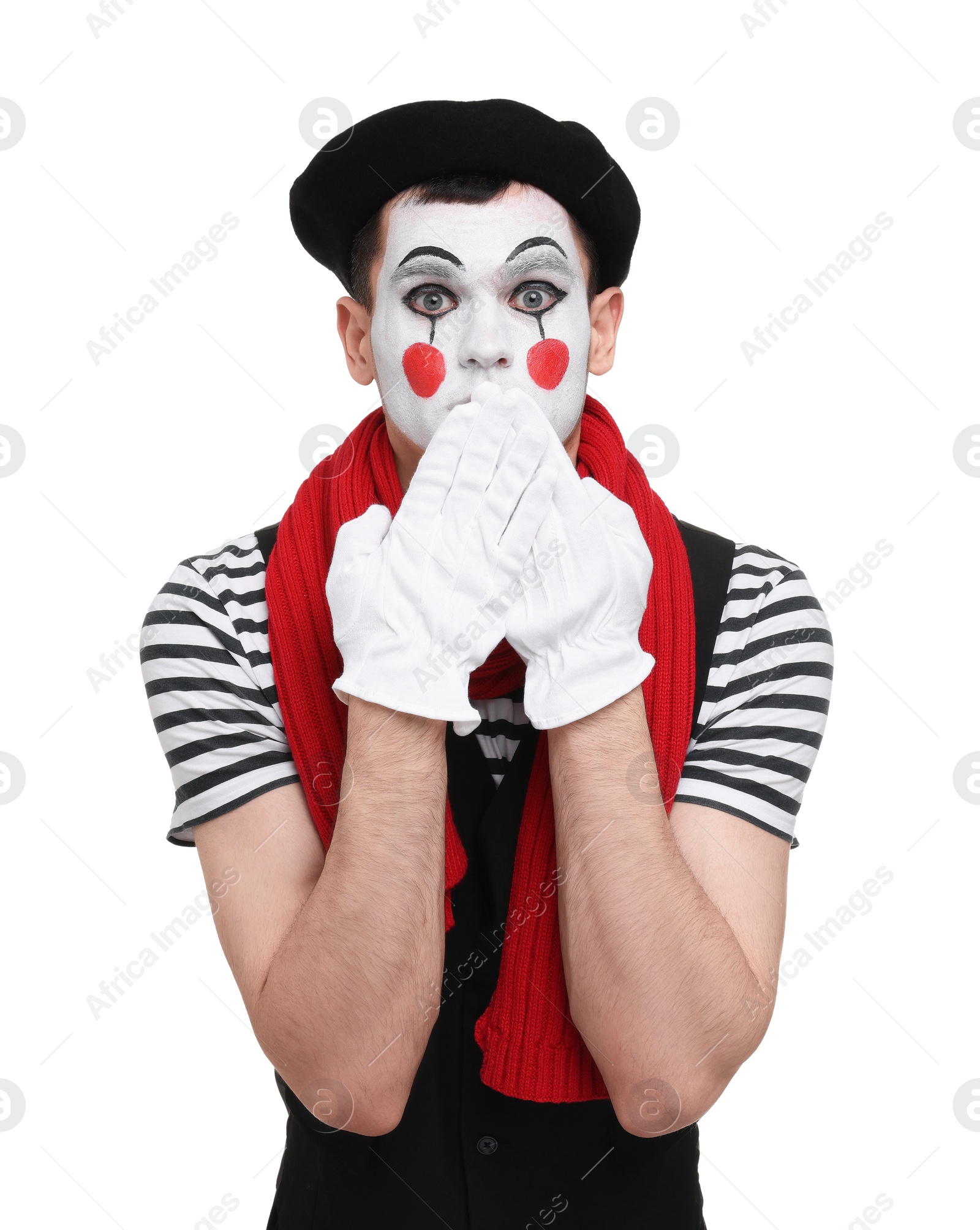 Photo of Mime artist making shocked face on white background