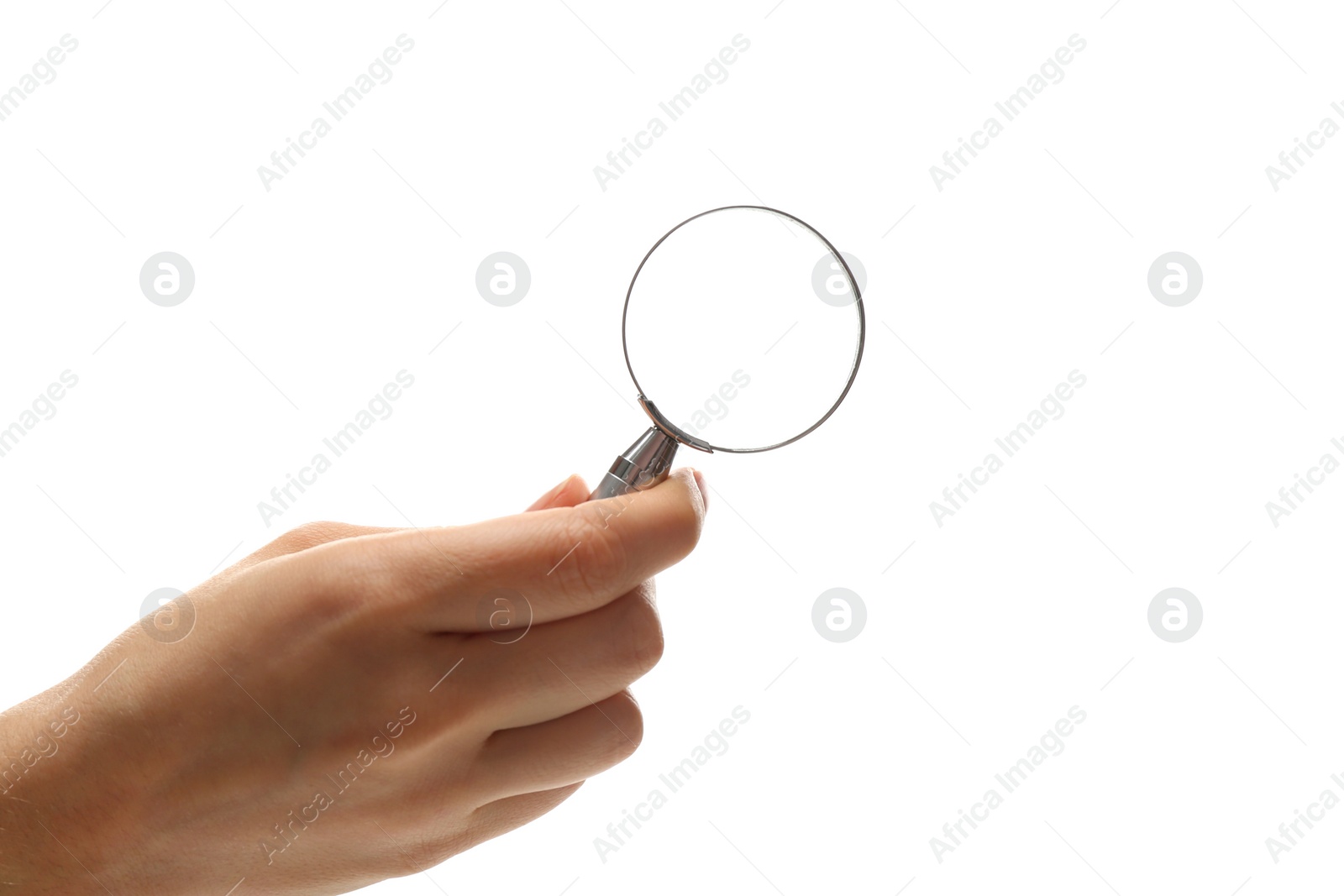 Photo of Woman holding magnifying glass on white background, closeup