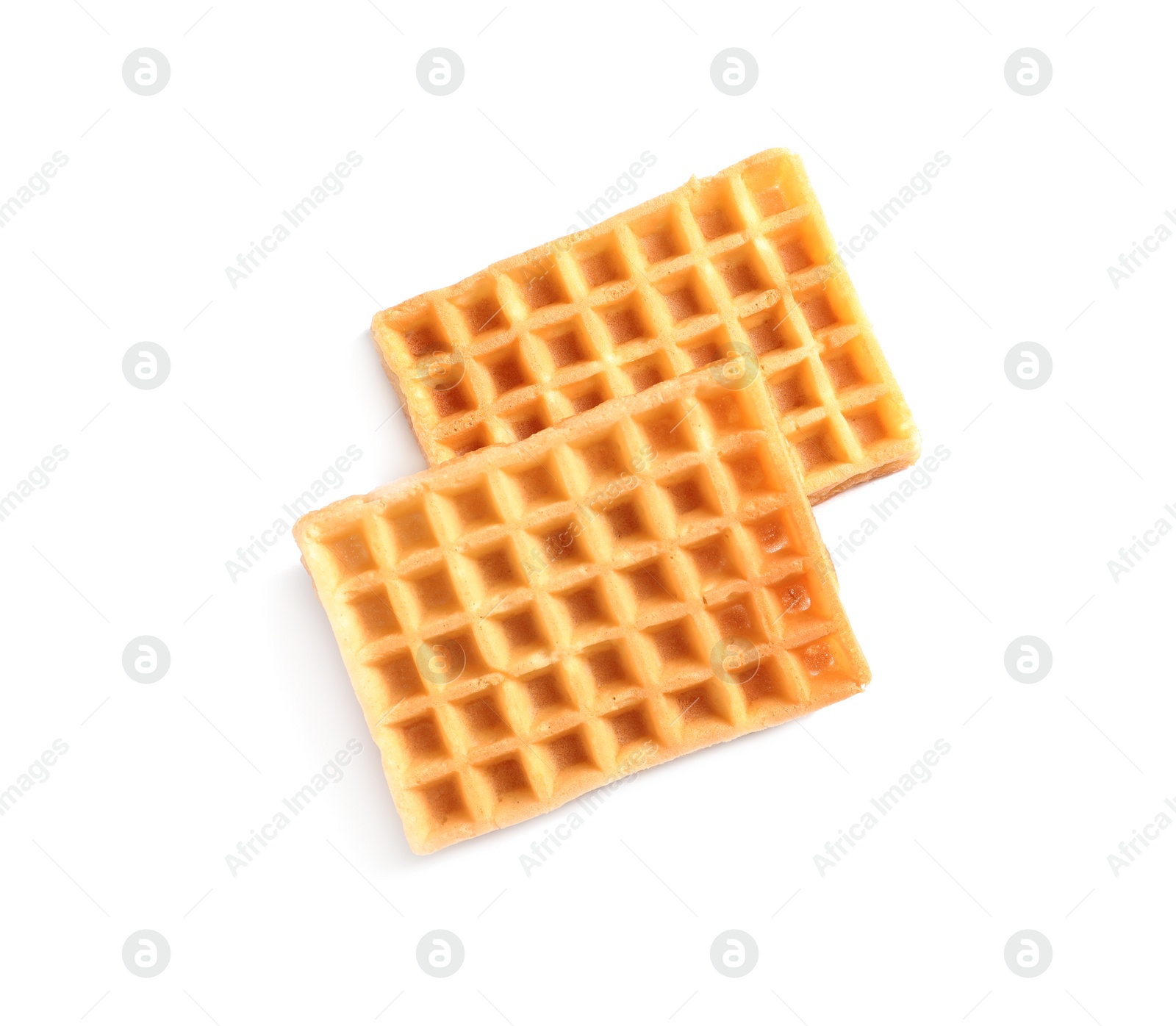 Photo of Delicious waffles for breakfast on white background, top view