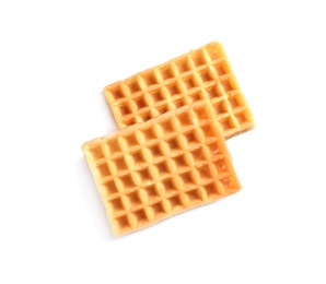 Photo of Delicious waffles for breakfast on white background, top view