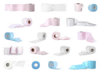 Image of Set with rolls of toilet paper on white background