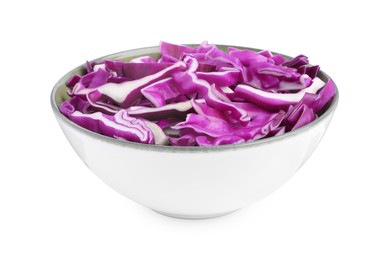 Photo of Tasty fresh shredded red cabbage in bowl isolated on white