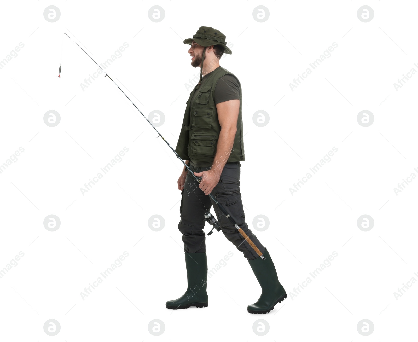 Photo of Fisherman with fishing rod isolated on white