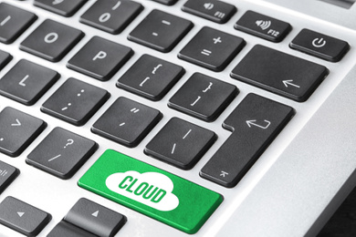 Image of Cloud technology. Modern laptop keyboard, closeup view
