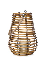 Stylish wicker holder with candle isolated on white