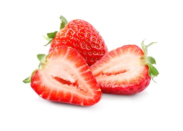Photo of Delicious whole and cut strawberries on white background