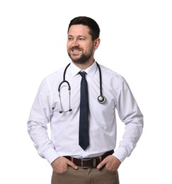 Photo of Portrait of happy doctor with stethoscope on white background