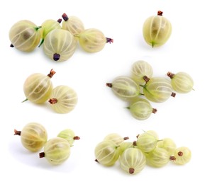 Image of Set with fresh ripe gooseberries on white background