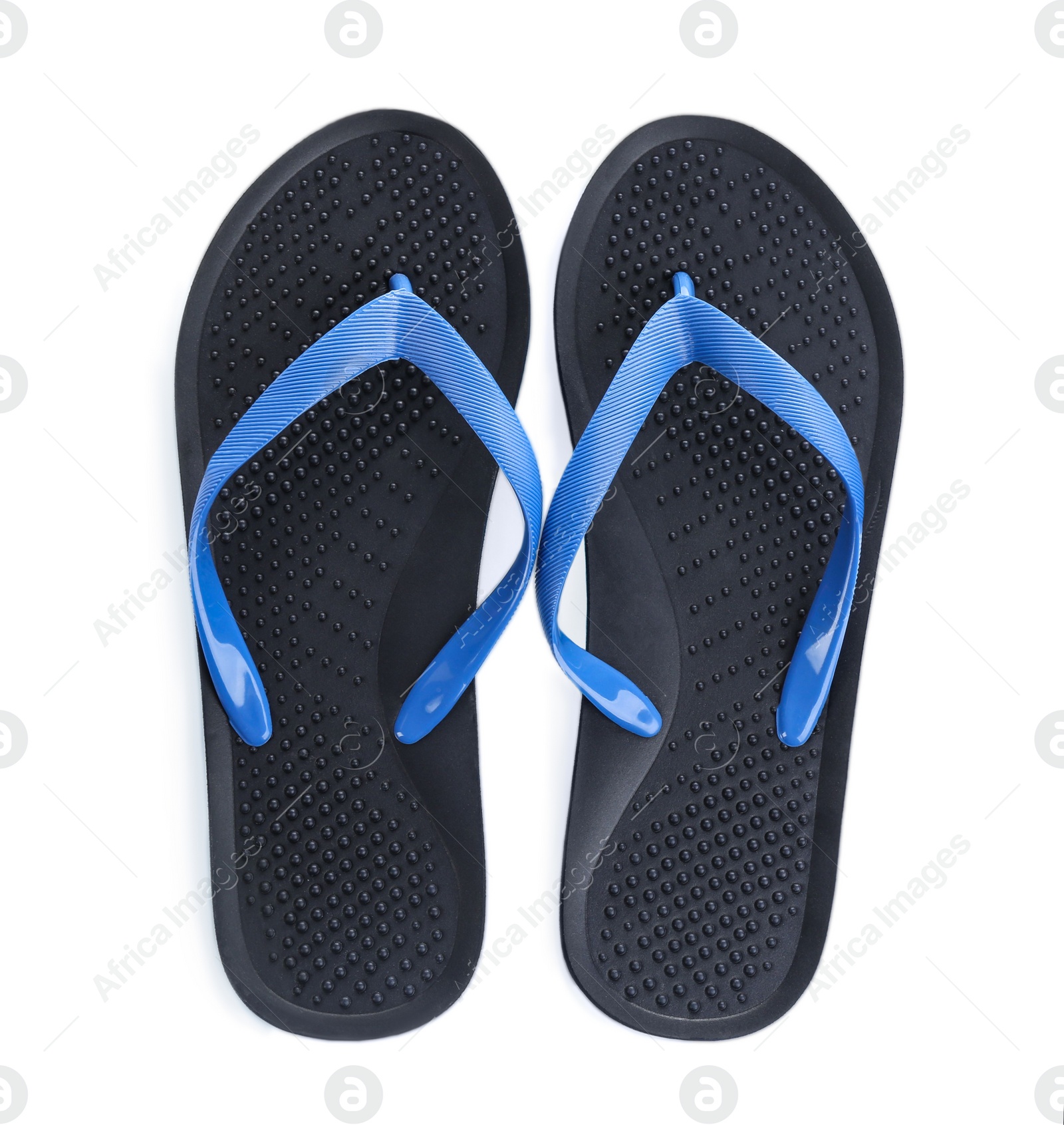 Photo of Stylish black flip flops isolated on white, top view