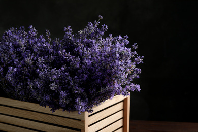 Photo of Beautiful lavender flowers in wooden crate against dark background, closeup