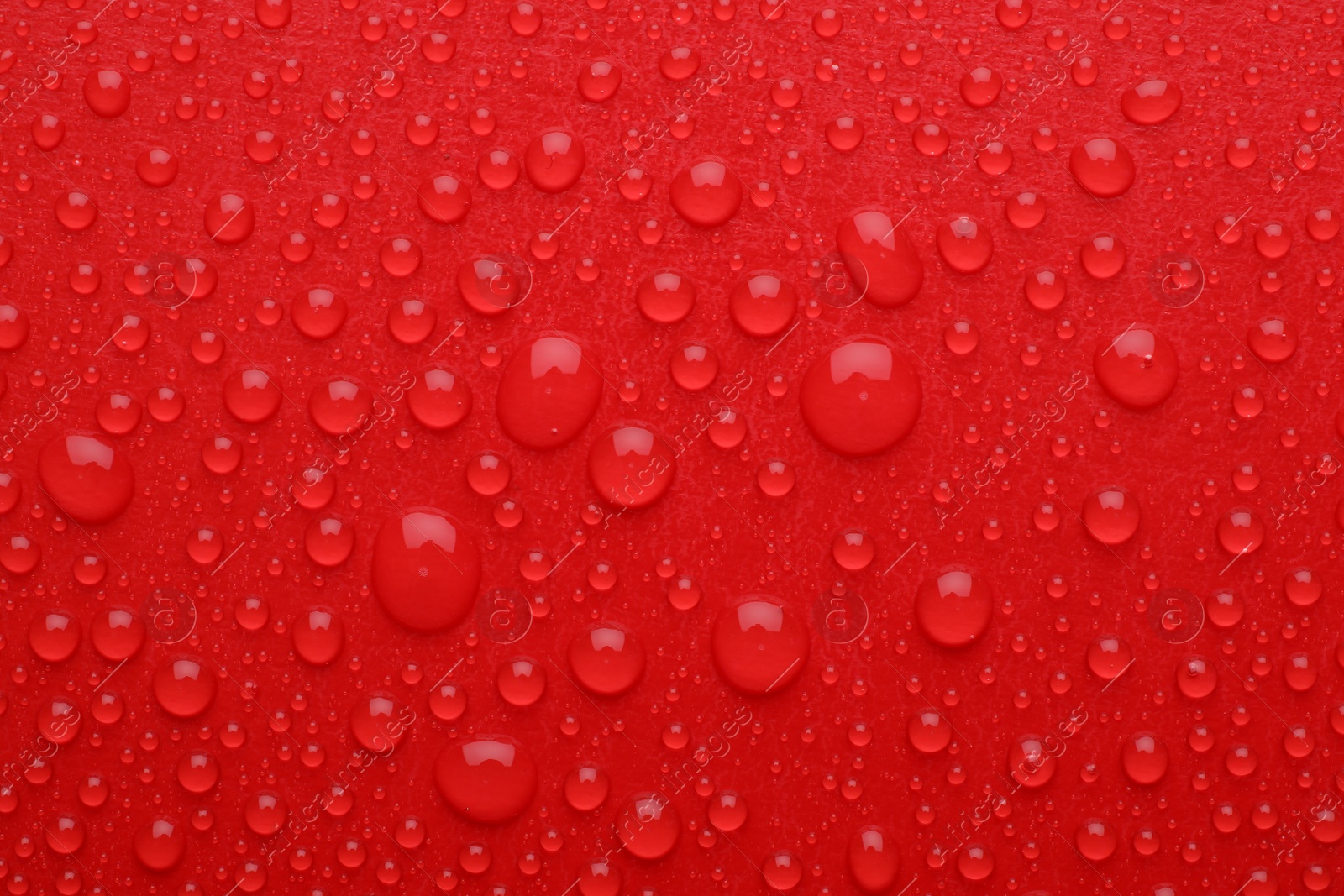 Photo of Water drops on red background, top view