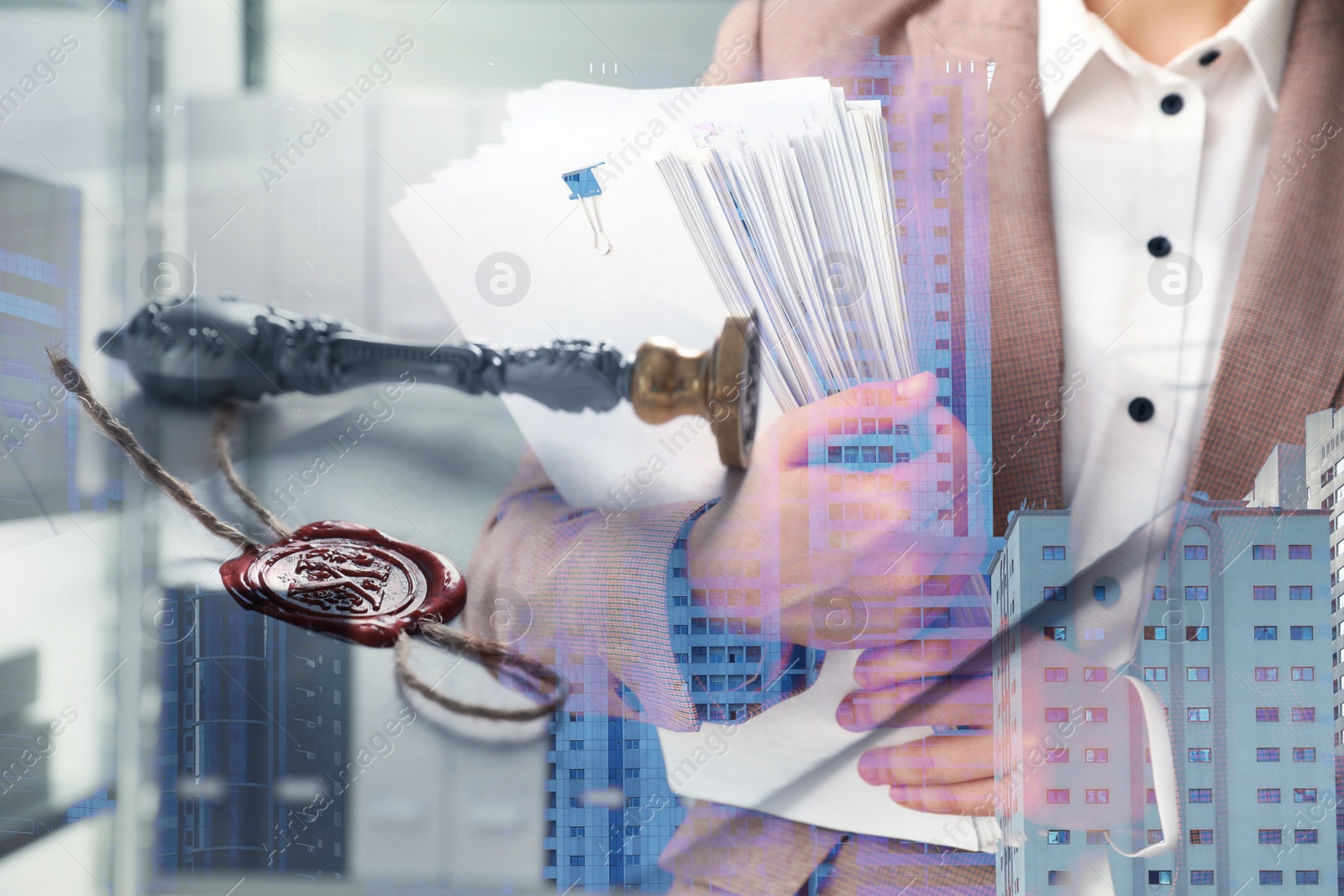 Image of Multiple exposure of woman with documents, vintage stamp and cityscape, closeup