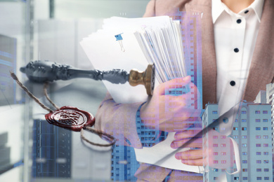 Multiple exposure of woman with documents, vintage stamp and cityscape, closeup