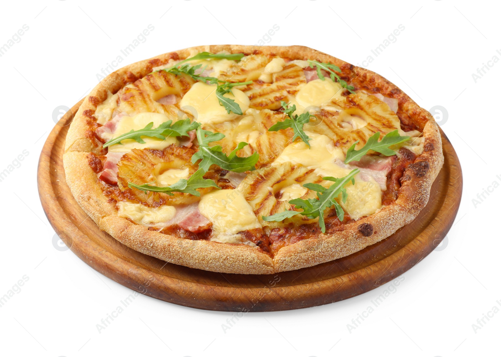 Photo of Delicious pineapple pizza with arugula isolated on white