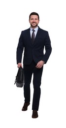 Photo of Handsome bearded businessman in suit with briefcase on white background