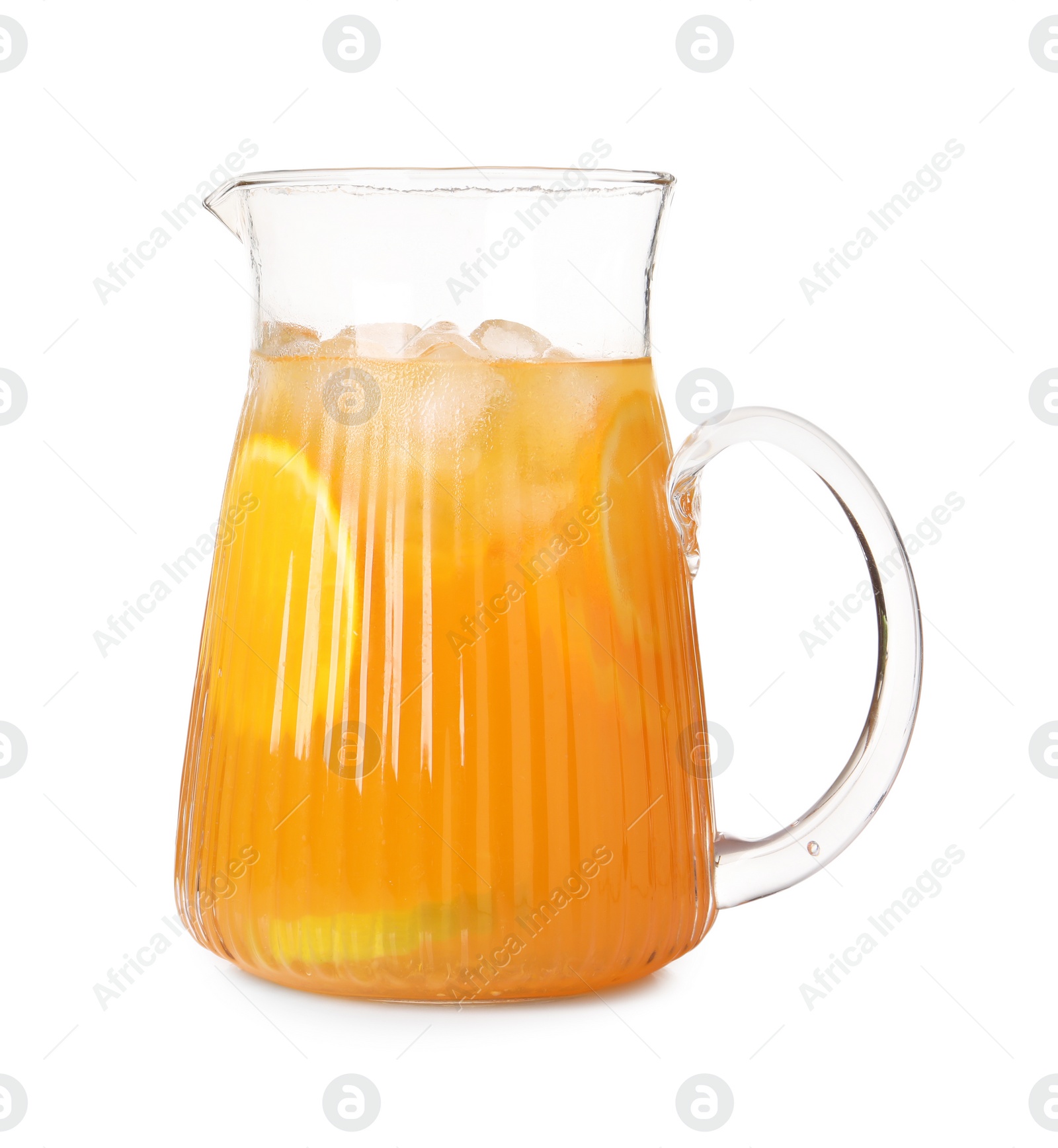 Photo of Freshly made lemonade in jug isolated on white