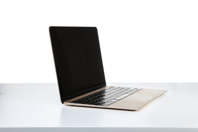 Laptop with blank screen on white background. Modern technology