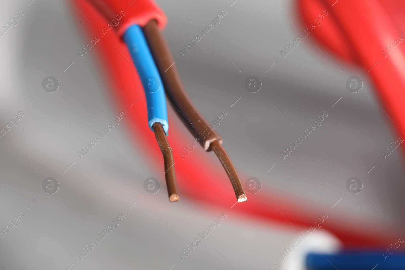 Photo of Colorful electrical wire on blurred background, closeup