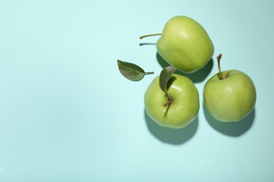 Photo of Fresh green apples on light blue background, flat lay. Space for text