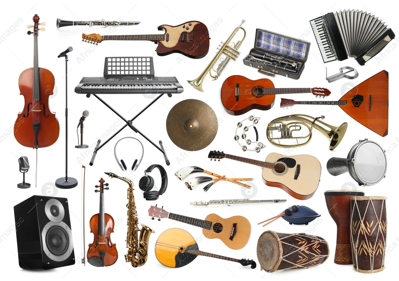 Image of Collection of different musical instruments on white background