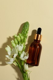 Bottle with cosmetic oil and flower on beige background, flat lay