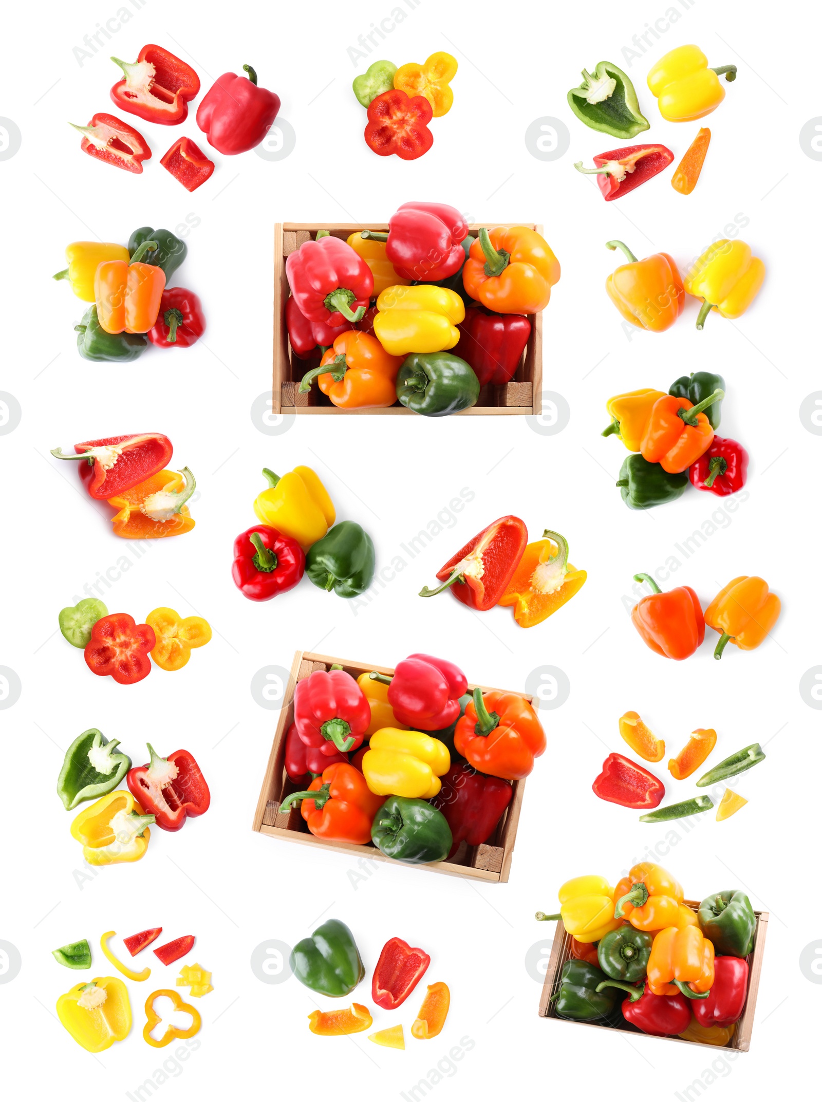 Image of Set of different ripe bell peppers on white background, top view