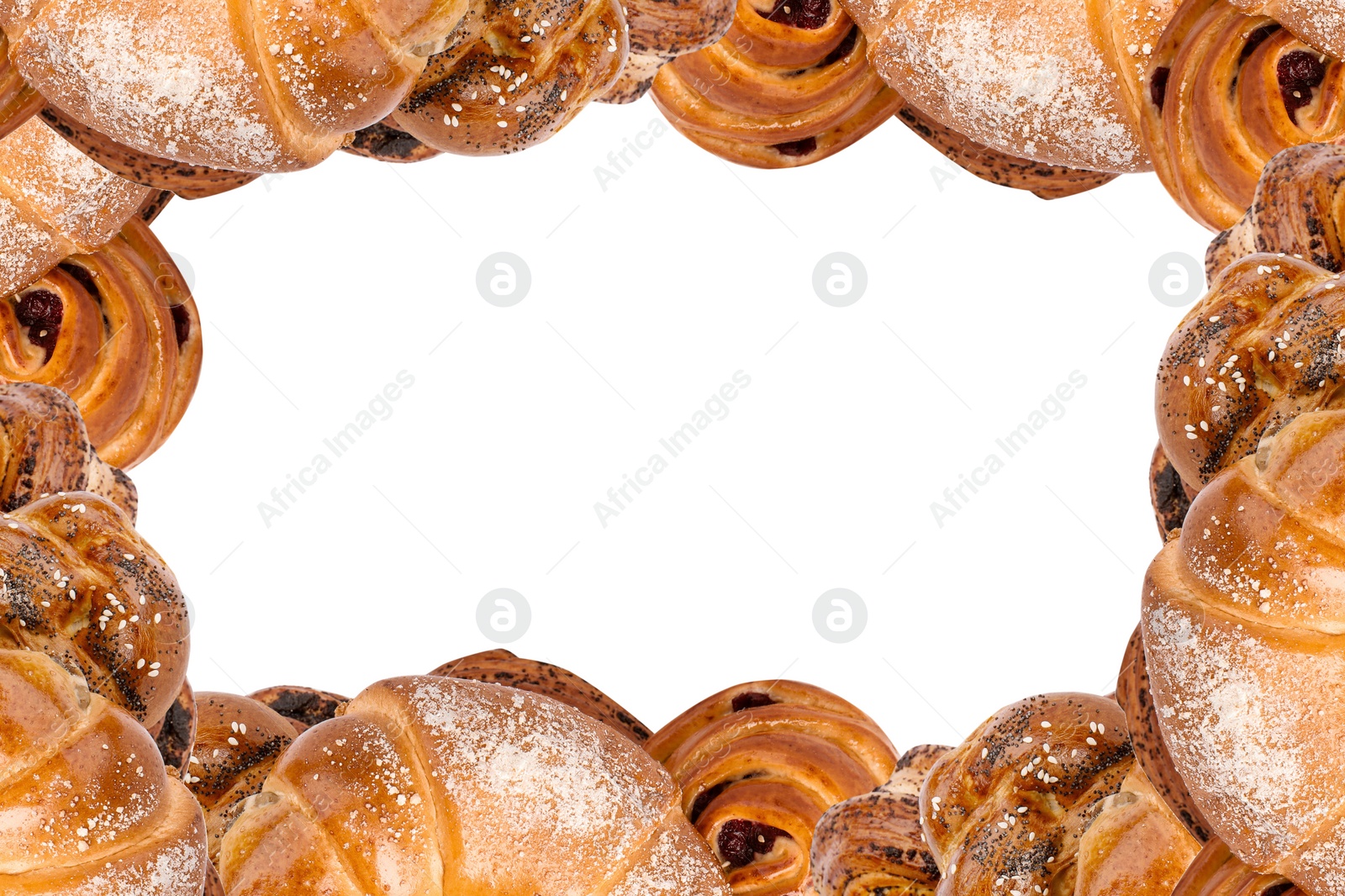 Image of Frame of different pastries with poppy seeds on white background