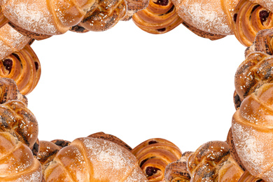 Image of Frame of different pastries with poppy seeds on white background