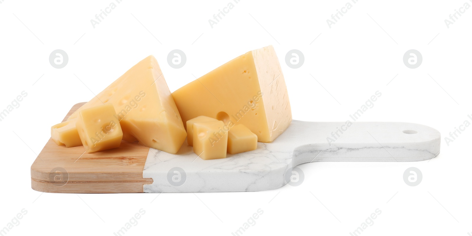 Photo of Cut fresh delicious cheese isolated on white