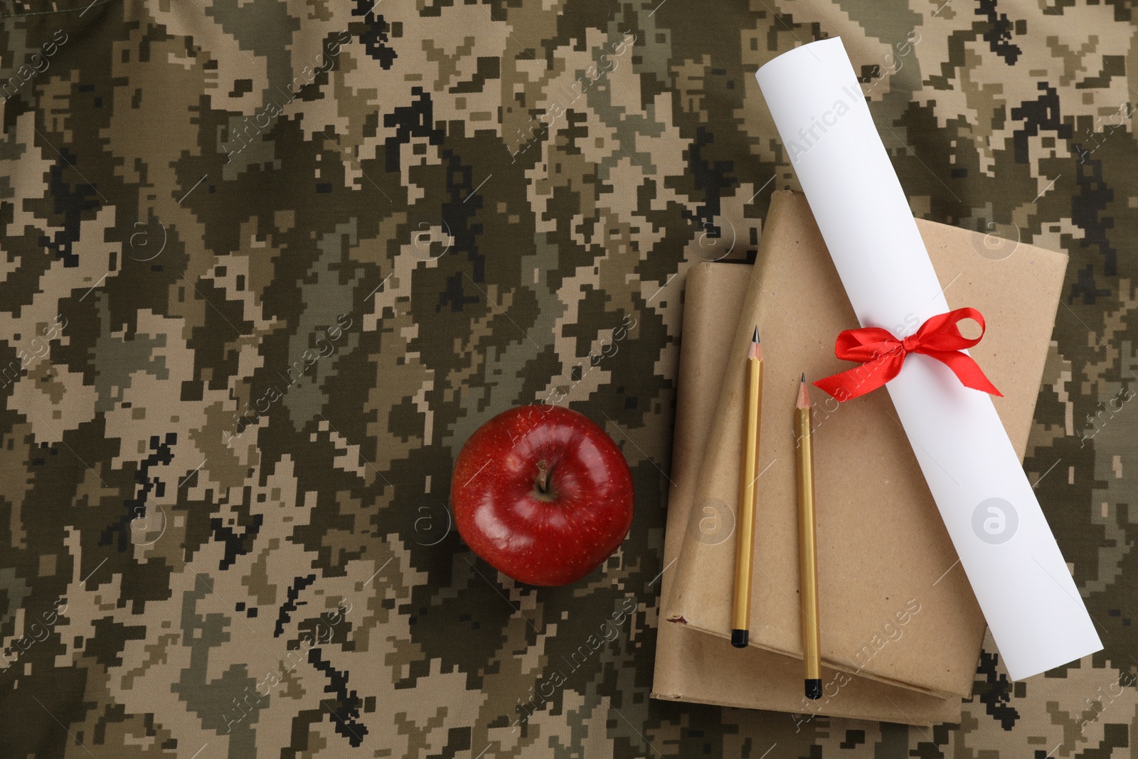 Photo of Flat lay composition with books and diploma on camouflage background, space for text. Military education concept