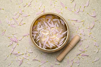 Tibetan singing bowl with water, petals and mallet on beige table, top view