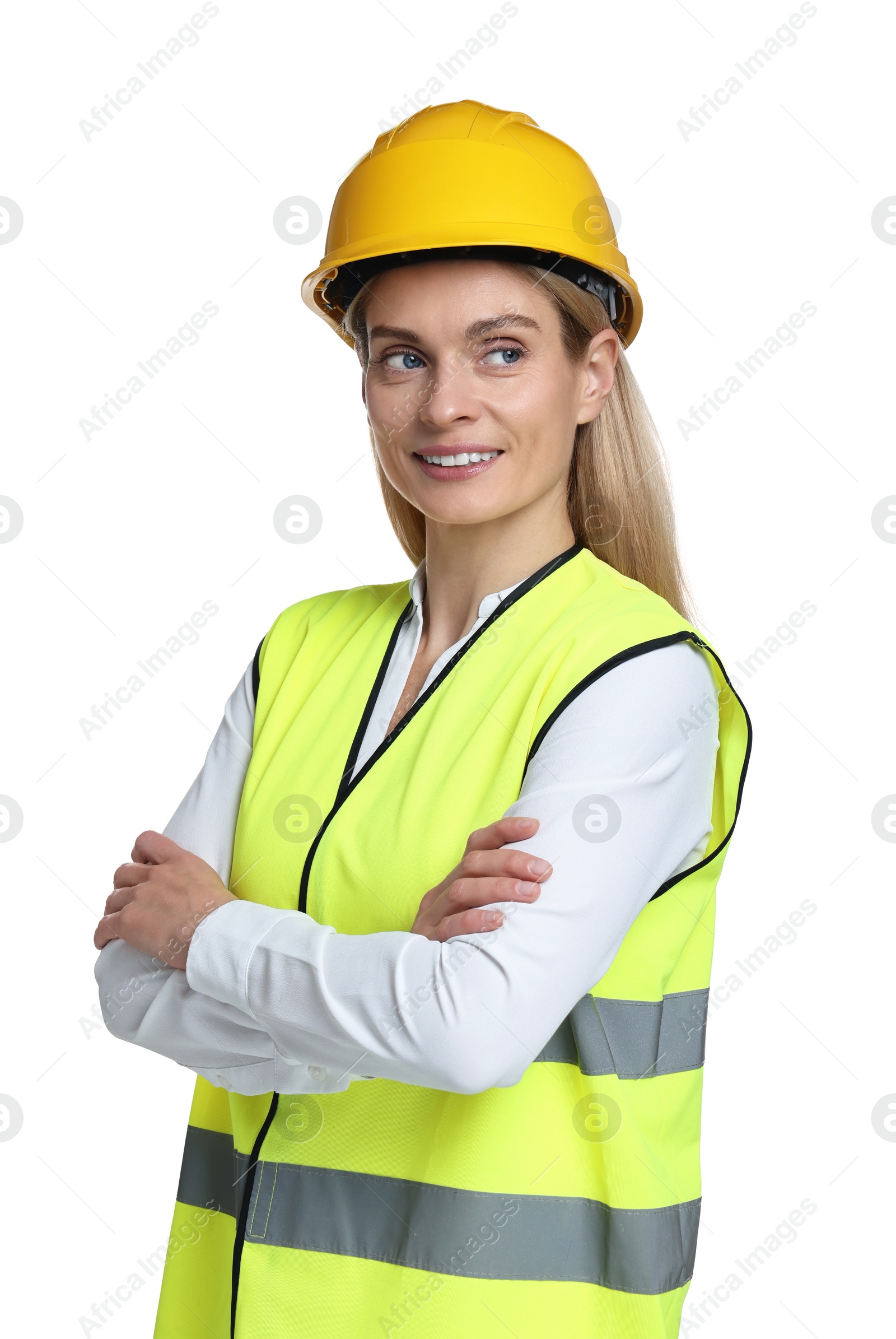 Photo of Engineer in hard hat on white background