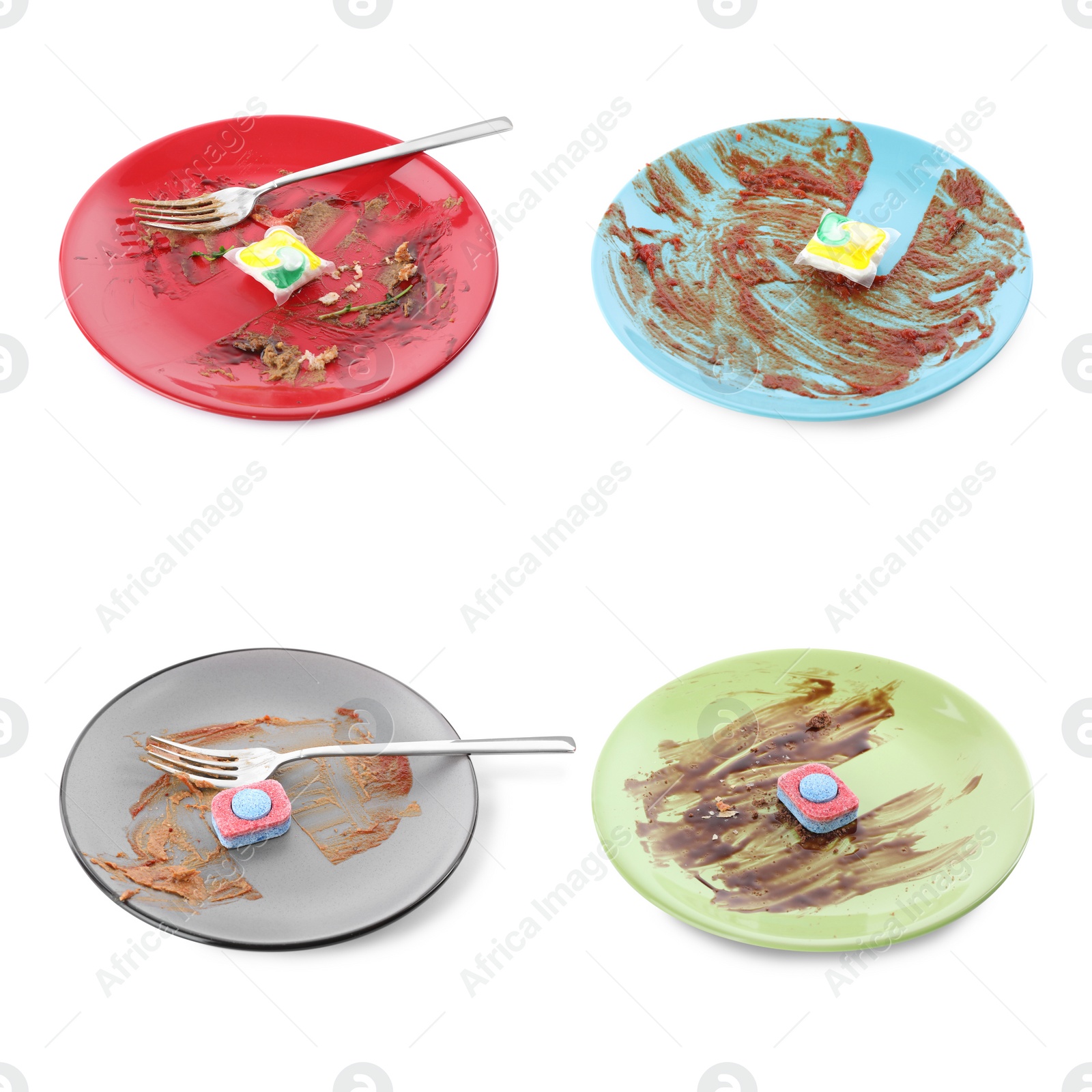 Image of Dirty plates with dishwasher detergent tablets and gel capsules on white background, collage