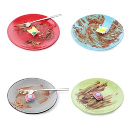 Image of Dirty plates with dishwasher detergent tablets and gel capsules on white background, collage