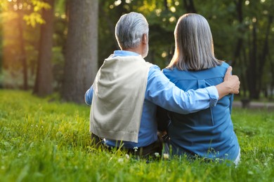 Affectionate senior couple spending time together in park, back view and space for text. Romantic date