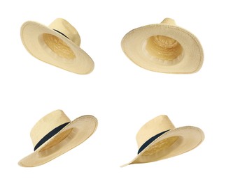 Image of Set with stylish straw hats on white background. Stylish headdress