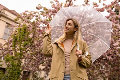 Young woman with umbrella near blossoming tree on spring day