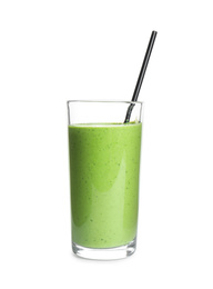 Photo of Tasty fresh kale smoothie on white background