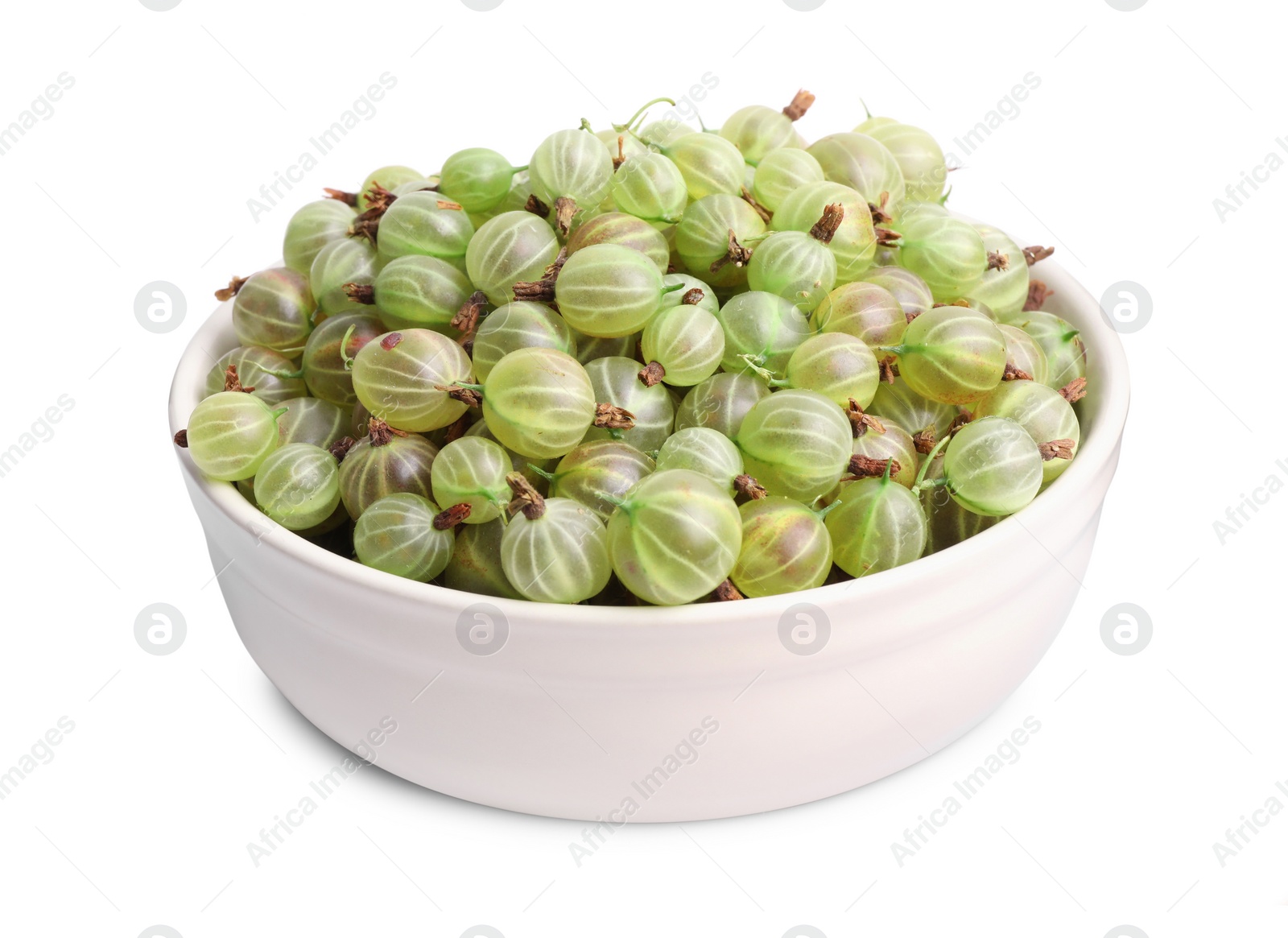 Photo of Ceramic bowl full of ripe gooseberries isolated on white