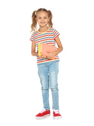 Little child with school supplies on white background