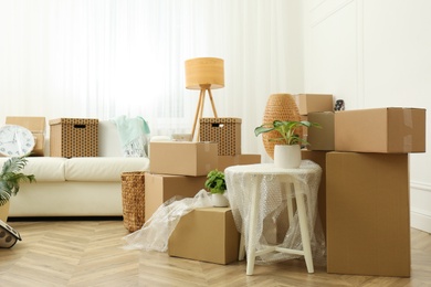 Photo of Cardboard boxes, potted plants and household stuff indoors. Moving day