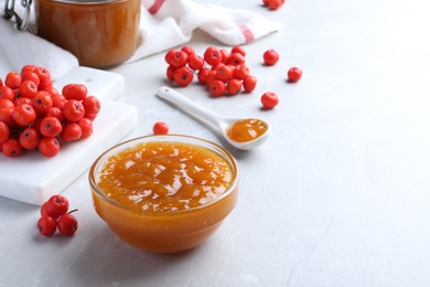 Photo of Delicious rowan jam in bowl on light table. Space for text